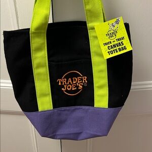 Trader Joe's Black & Purple Mini Canvas Tote Bag with Lime Handles